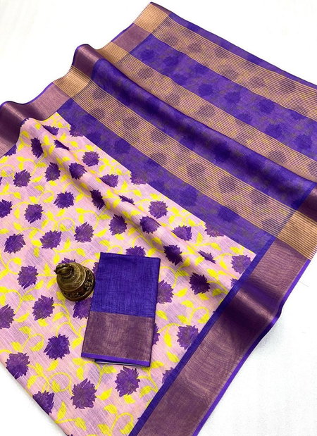 MG 548 Plain Linen with Gold Jari Digital Printed Fancy Saree Suppliers In India